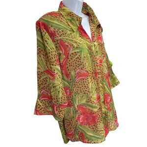 Caran New York Green Orange Semi Sheer Floral 3/4 Sleeve Top Blouse SZ 1X